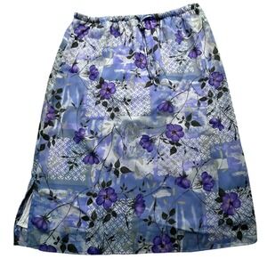 First Option Floral Midi‎ Skirt Womens Medium Blue Purple Elastic Waist 28C109